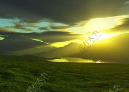 湖光山色水色大自然美景朝陽晨曦曙光图片