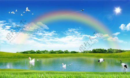 彩虹下的湖泊图片