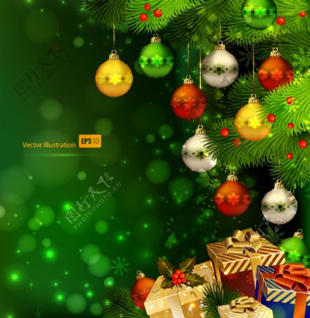 圣诞礼盒松树枝绿色梦幻背景图片