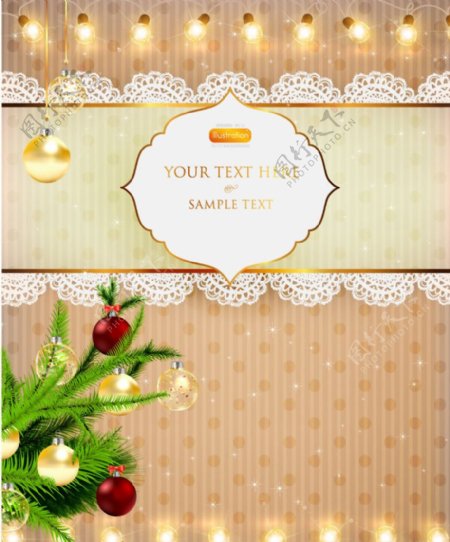 欧式花纹金色圣诞球灯光圣诞背景图片