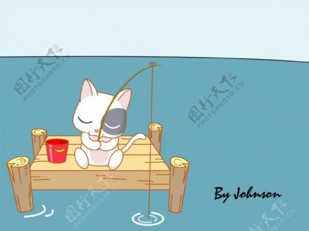 小猫钓鱼图片