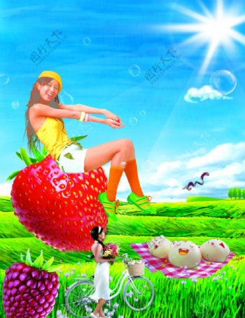 美少女坐在草莓上图片