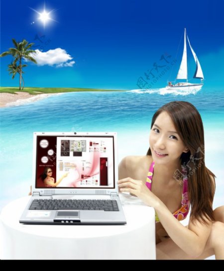 韩国分层素材美女电脑海轮图片