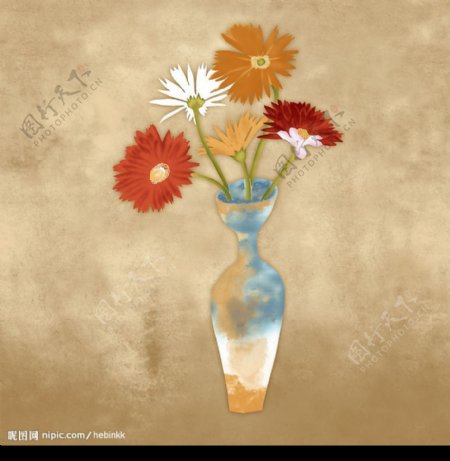 油画质感的花瓶和花图片