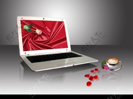 白色笔记本电脑与咖啡花瓣图片