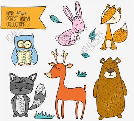 6款彩绘笑脸森林动物矢量图