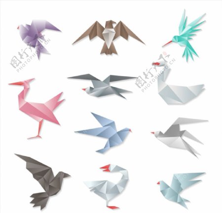 11款彩色折纸鸟类矢量素材