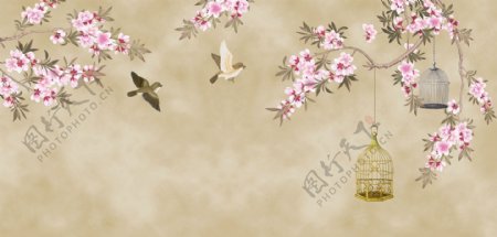 中式高清手绘工笔花鸟