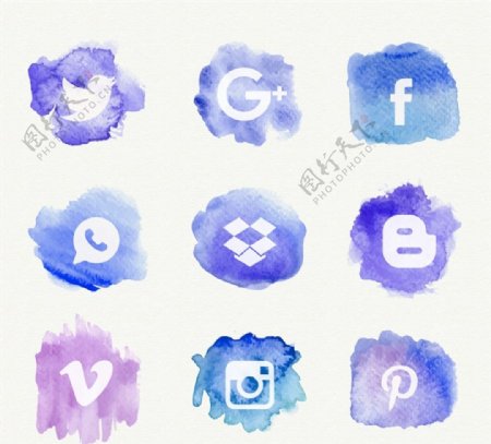 9款蓝色水彩绘社交媒体图标矢量