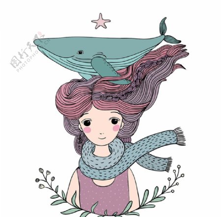 小女孩头上的鲸鱼卡通手绘矢量