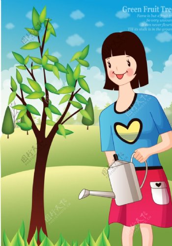 种植树木卡通女人