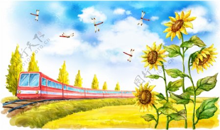 飞驰的列车和向日葵图画素材