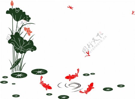 中国风红鲤荷花图
