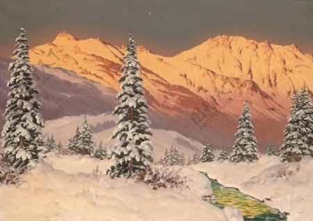大树雪景风景油画小溪