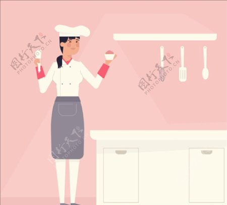 粉红厨房与糕点厨师背景