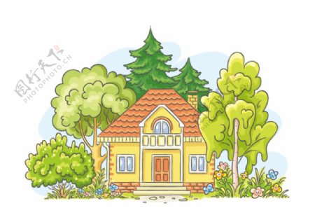 卡通房屋与树木