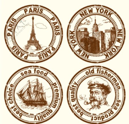 手绘古典建筑邮戳标签