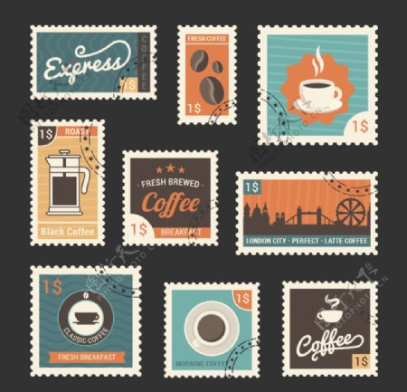 矢量咖啡邮票