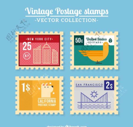 彩色复古邮政邮票
