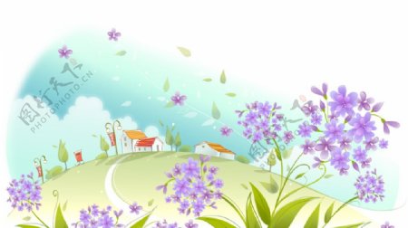 山坡紫色小花卡通风景