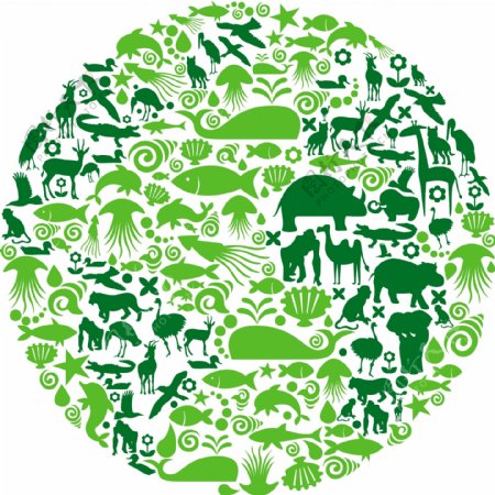 野生动物剪影绿色圆形插画