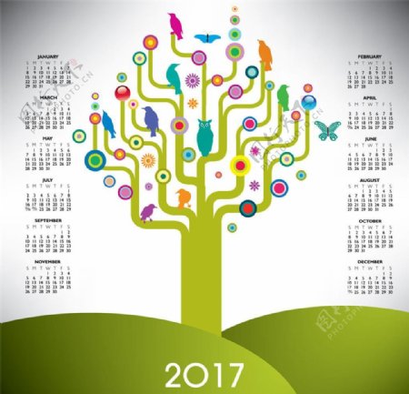 花纹小鸟绿树2017年日历