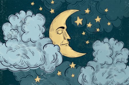 手绘躲在云彩里睡觉的月亮