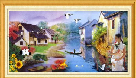 水乡风景油画