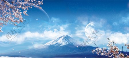 富士山下樱花梦幻背景雪