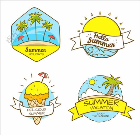 四款手绘黄色夏季元素标签