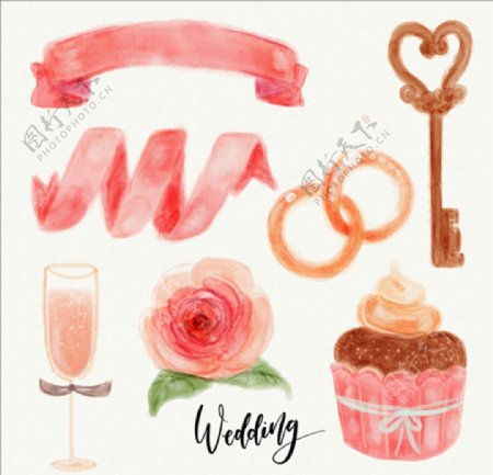 手绘水彩婚礼蛋糕及装饰元素