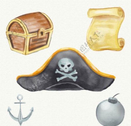 手绘水彩海盗帽宝箱元素