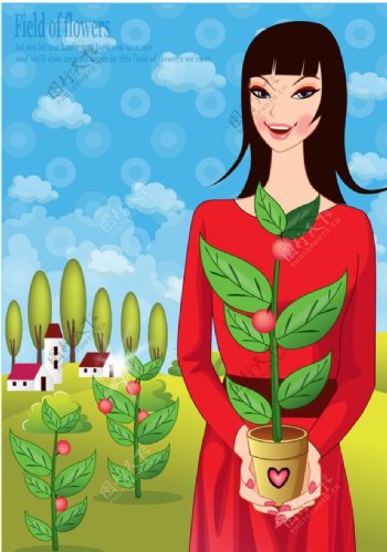 种植盆栽的矢量卡通女人