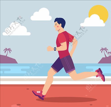 卡通男子海边跑步锻炼海报