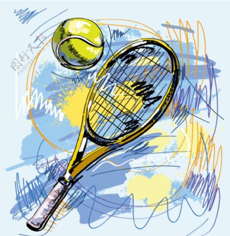 手绘网球拍插画矢量素材