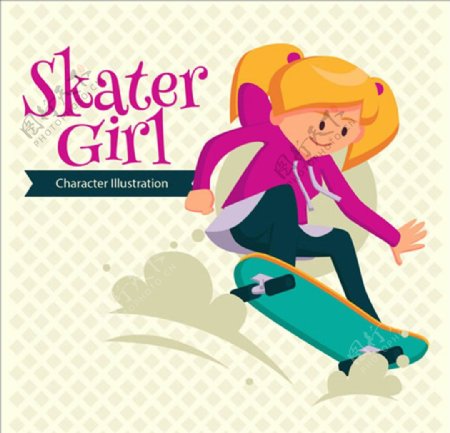 卡通滑滑板的女孩海报