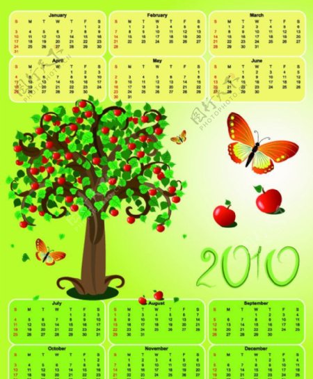 2010苹果树蝴蝶主题日历模板矢量素材