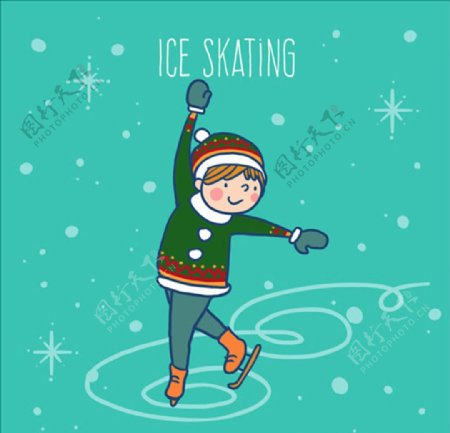 手绘简笔男孩在滑冰