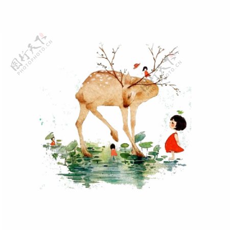 麋鹿小女孩清明谷雨插画