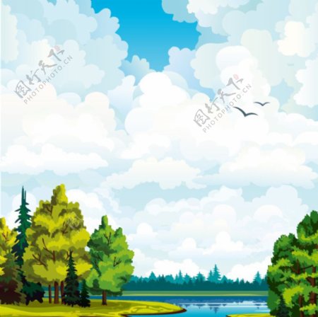 卡通手绘风景湖边树木蓝天