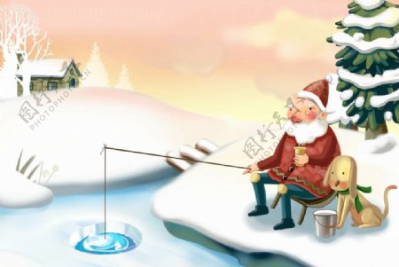 卡通雪景圣诞老人钓鱼