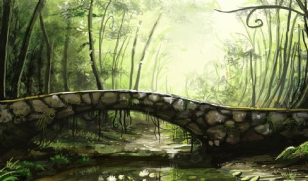 手绘森林石拱桥