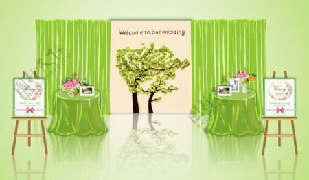 手绘绿色婚礼效果图