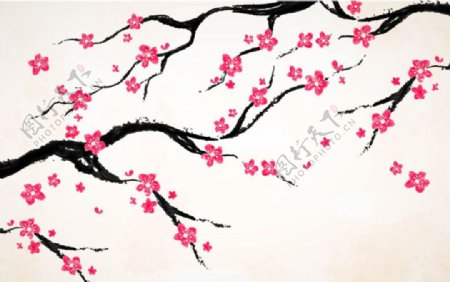 手绘水墨春季樱花海报背景