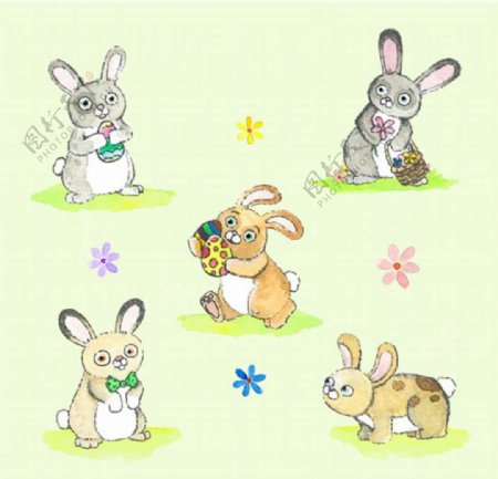 五只手绘水彩复活节兔子