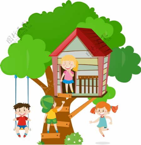 卡通儿童节在树屋下玩耍的孩子