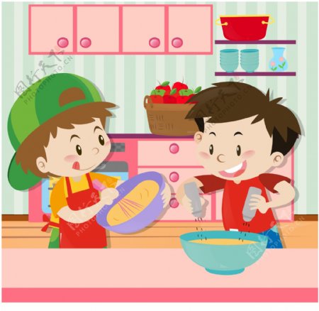 卡通儿童节快乐在做饭的孩子