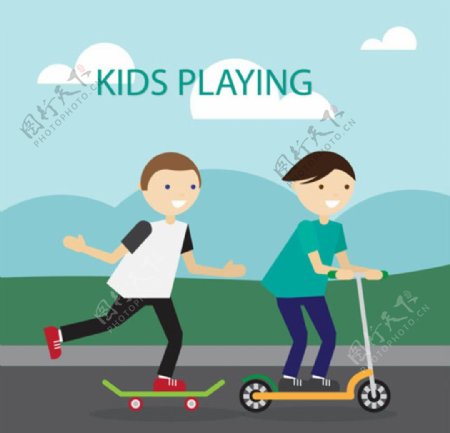 卡通儿童节玩滑板车的孩子