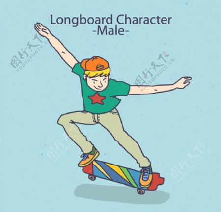 卡通儿童节玩滑板的男孩