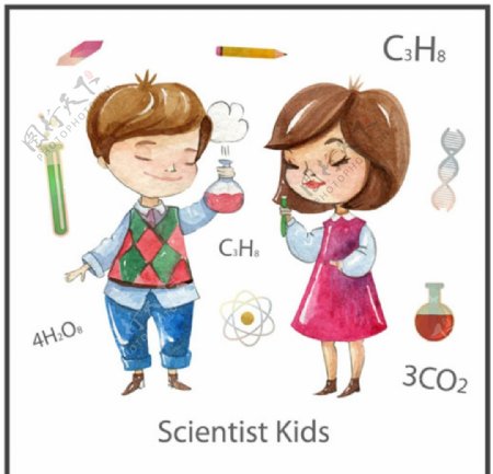 水彩手绘儿童节学化学的孩子